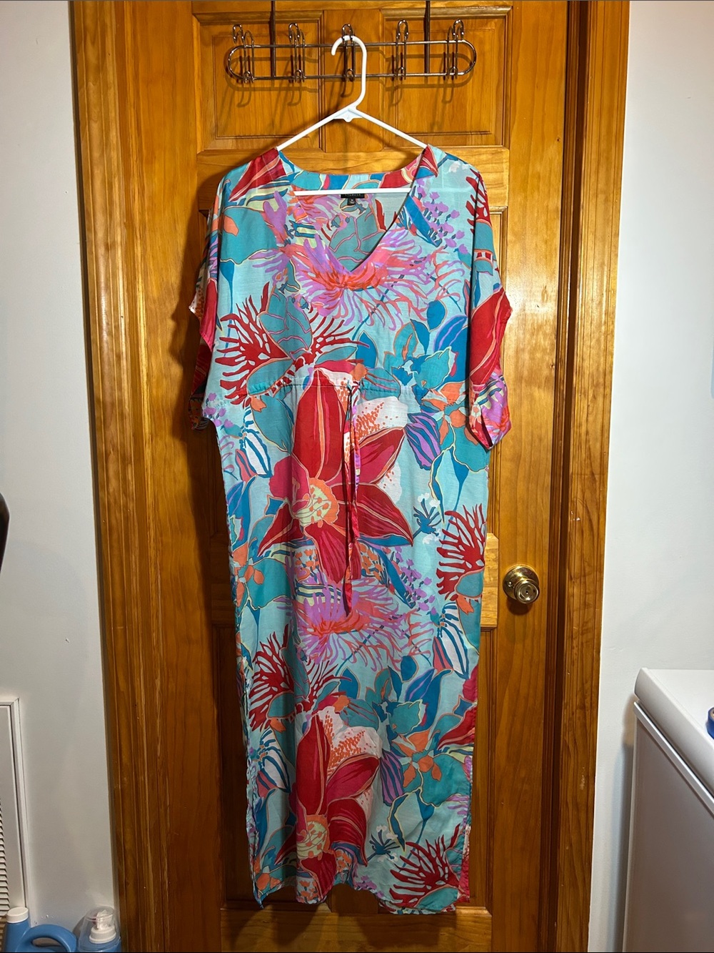 Talbots Turquoise Maxi Dress with Red and Pink Floral Print